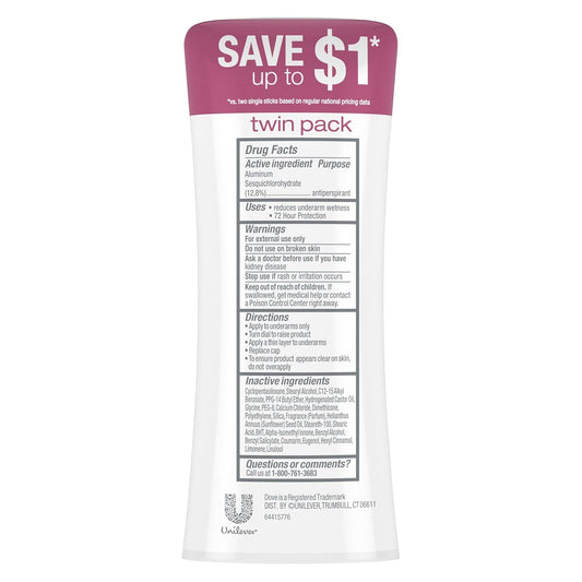 Dove Advanced Care Antiperspirant Caring Coconut, 2 Count Deodorant Stick for Women, for 48 Hour Protection And Soft And Comfortable Underarms, 2.6 oz