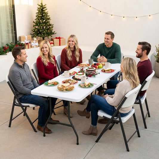 Folding Table 6FT HDPE 6 Foot Foldable Table Portable Banquet Surface Fold-in-Half Desk Utility for Working Meeting Parties, Picnic, Camping, Weddings, Catering, Garden Dining-White