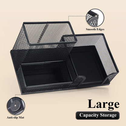 M&G Mesh Pen Holder Desk Organizers Pencil Holder for Desk Black, 3 Compartments Metal Office Supply Organizer with Sticky Notes Holder for School Home Office