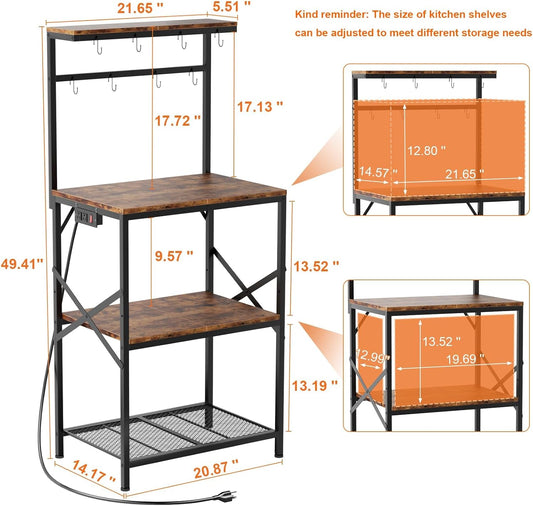 Kitchen Bakers Rack with Power Outlet, Small Coffee Bar Cart 4 Tiers, Microwave Stand Station with 8 S Hooks, Adjustable Shelf, Freestanding Kitchen Appliance Organizer, Rustic Brown