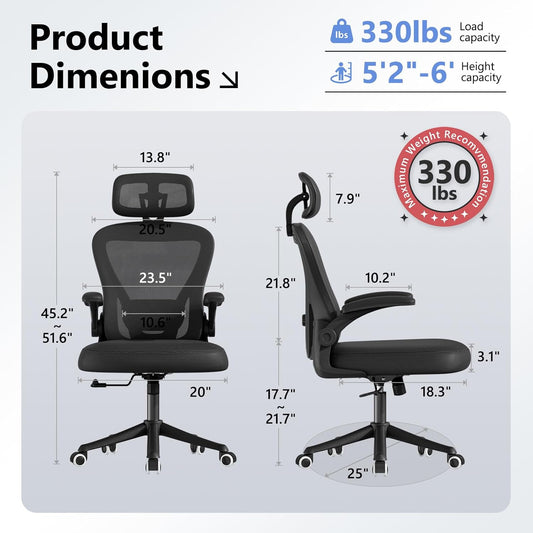 Computer Desk Chair, Ergonomic Office Chair M903 with Wheels, High Back Mesh Office Chair with Adjustable Lumbar Support, Headrest, Flip-Up Armrests, Black