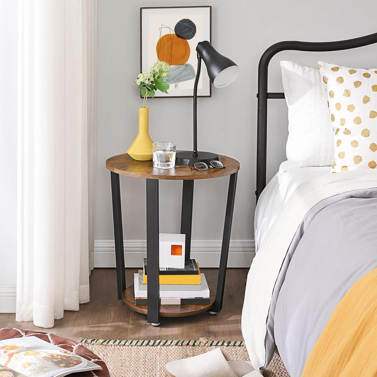 VASAGLE Round Side End Table, 2-Tier Accent Bedside Table with Storage Shelf, Easy Assembly, Nightstand for Small Spaces, Living Room, Bedroom, Rustic Brown and Ink Black ULET57X