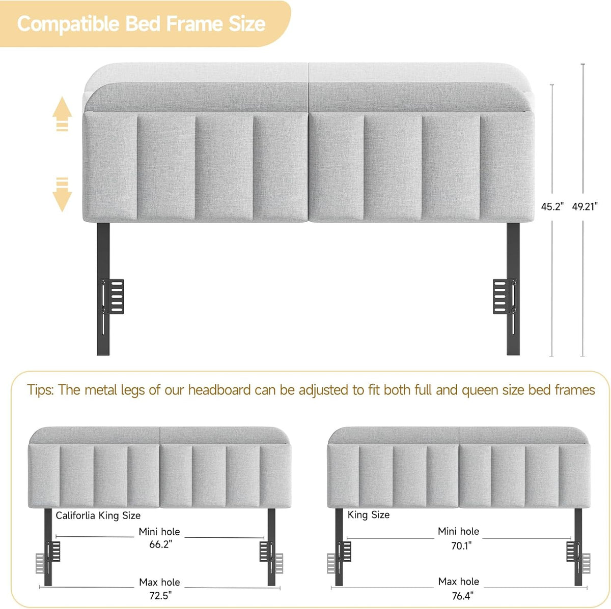 ONBRILL Adjustable Headboard for King/California King Size Bed Frame, Linen Fabric Bed Headboard with Storage & RGB LED Light in Modern Vertical Channel Design, Light Grey
