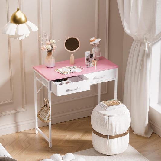 Pamray 32 Inch Small Computer Desk with 2 Drawers for Bedroom Study Writing Home Office Table for Small Spaces Pink