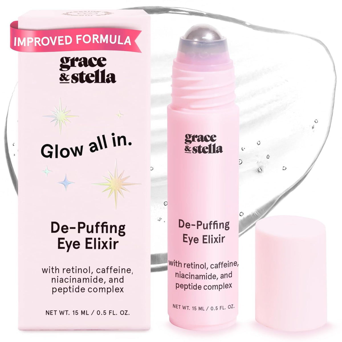 grace & stella Under Eye Brightener Roller - Airplane Travel Essentials - Travel Size Toiletries - Retinol & Caffeine Eye Serum for Puffiness, Dark Circles, Wrinkles - Vegan Skincare (15ml / 0.51floz)