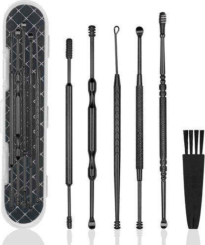 Hion 6 Pcs Extended Ear Wax Removal Kit,Professional Double-Headed Ear Pick Earwax Removal Tools,316L Stainless Steel Ear Cleaner Curette with Cleaning Brush and Storage Box,Suit for Kid Adult(Gold)