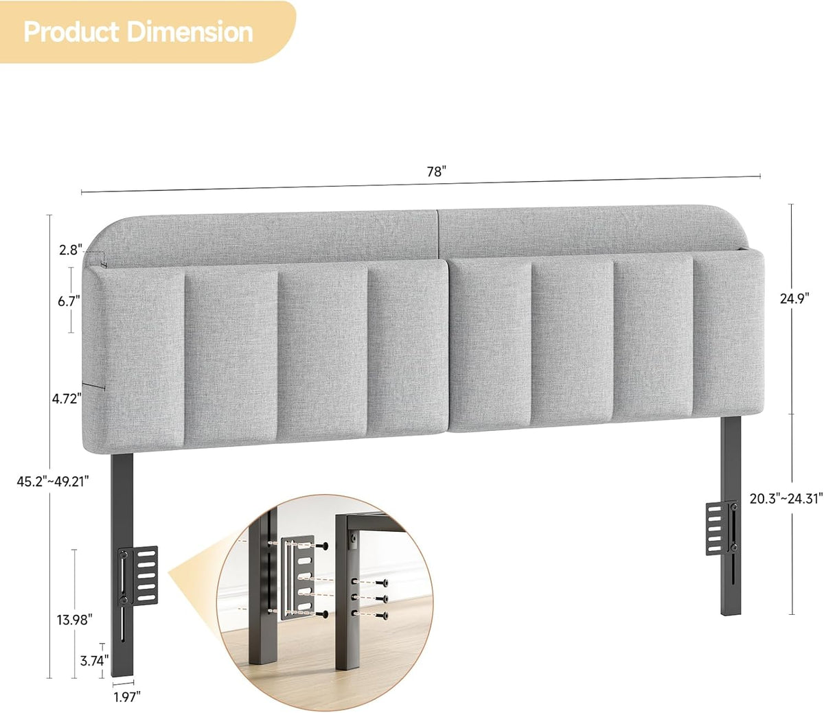 ONBRILL Adjustable Headboard for King/California King Size Bed Frame, Linen Fabric Bed Headboard with Storage & RGB LED Light in Modern Vertical Channel Design, Light Grey