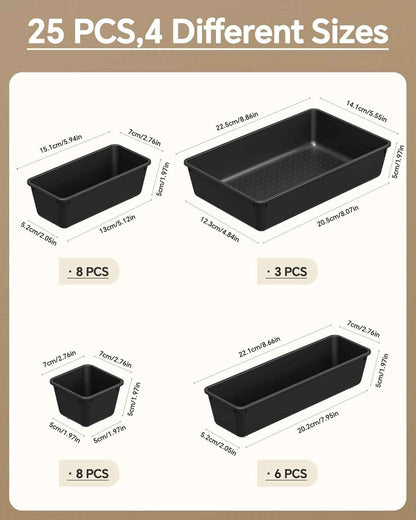 25 PCS Plastic Drawer Organizers Set, 4 Sizes Vanity Organizer, Makeup and Desk Drawer Organizer Trays, Organization and Storage for Makeup, Bathroom, Kitchen Utensils and Office (Black)