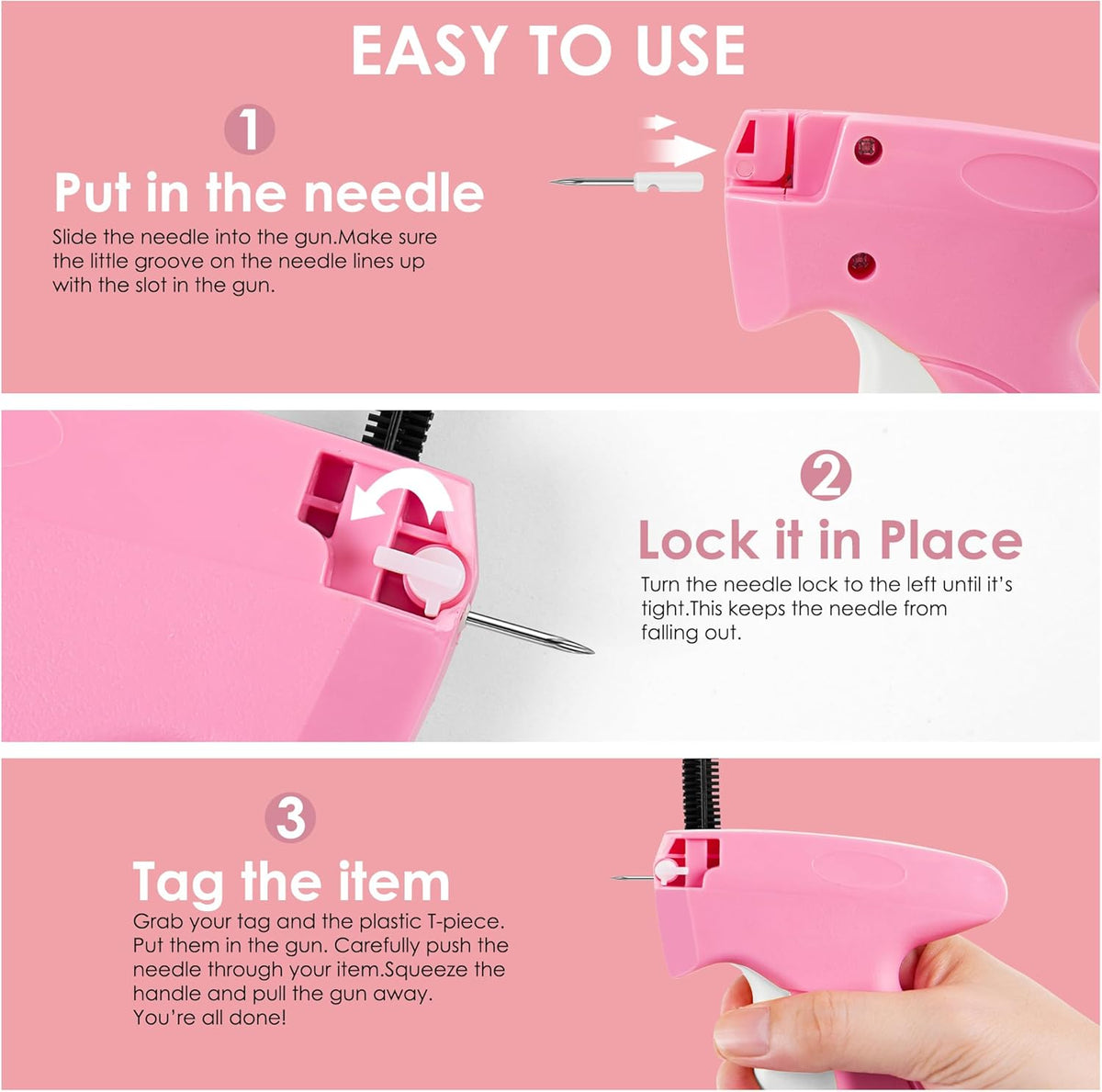 Handheld Stitch Tag Gun for Clothes, Quick Clothing Fixer, Tagging, Sewing Kit Includes 6 Needle, 1000 Black Fasteners & 1000 White Fasteners, Pink