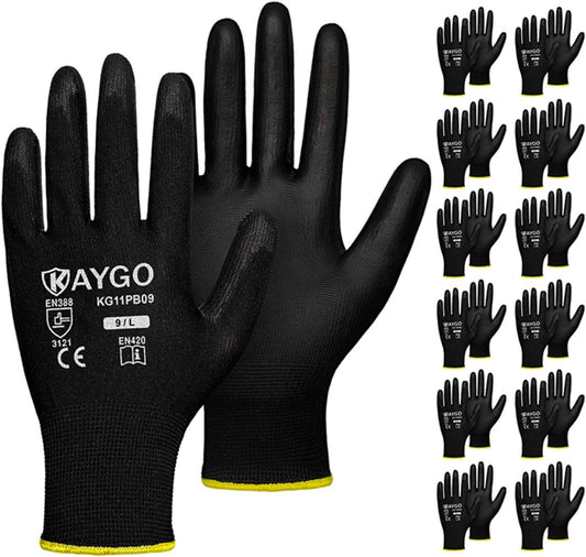 KAYGO Safety Work Gloves PU Coated,12 Pairs KG11PB Seamless Knit Glove for Men and Women, with Smooth Grip on Palm and Fingers, Ideal for General Duty Work (Large, Black)
