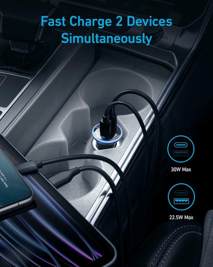anker 52.5w dual-port usb-c car charger for iphone and galaxy with poweriq 3.0