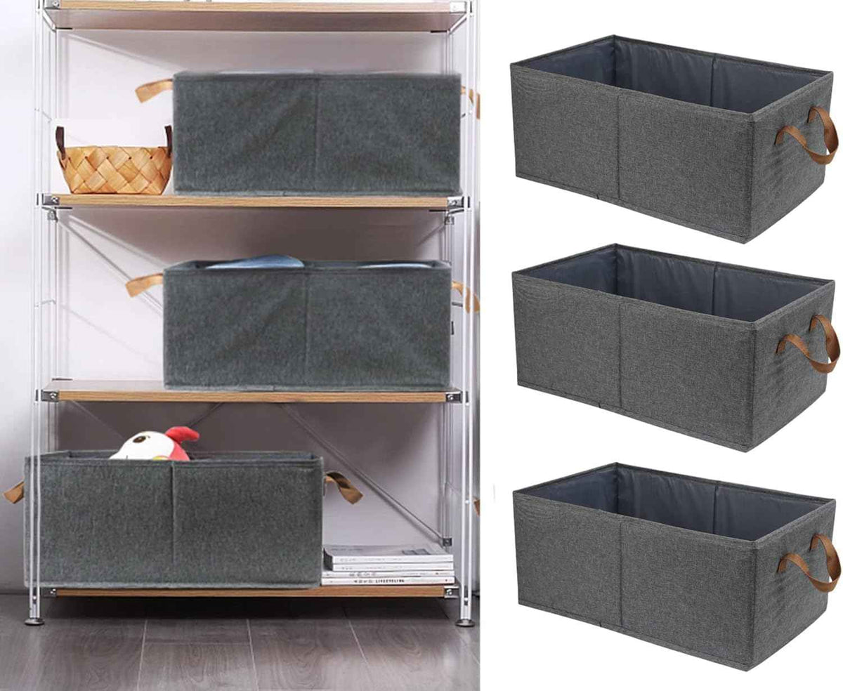 Pack of 3 Large Capacity Storage Bins Closet Organizer System, Sturdy Foldable Storage Boxes for Organizing Clothing, Sheets, Toys, Books - Shelf Organizer Shelves Basket Storage Bin