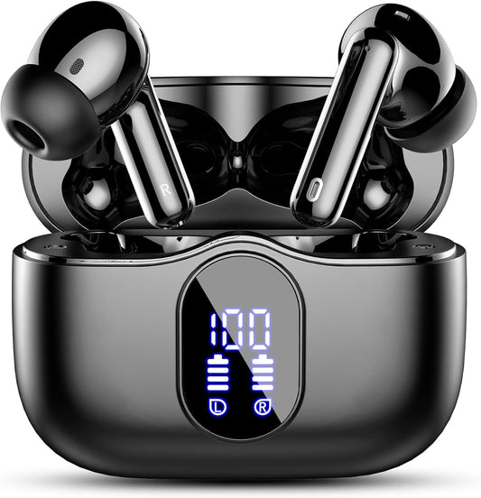 Wireless Earbuds, Bluetooth 5.4 Headphones Bass Stereo, Ear Buds with Noise Cancelling Mic, LED Display in Ear Earphones Clear Calls, IP7 Waterproof Bluetooth Earbuds for Phones/Sports/Laptop, Black