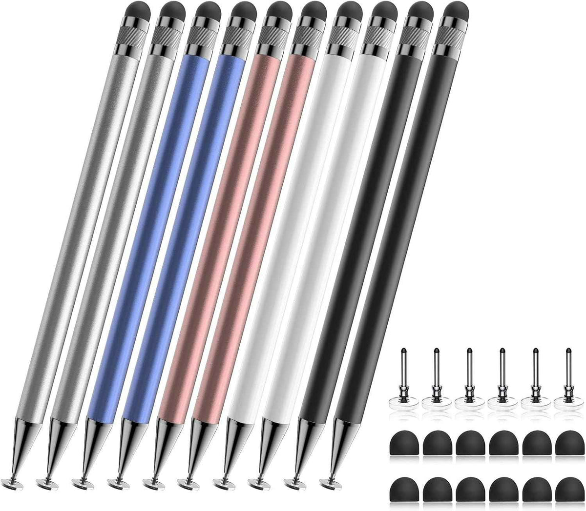 Bopomofo Stylus (5 Pcs), 2-in-1 Stylus Pen for Touch Screen, High Precision and Sensitivity, Suitable for iPhone/ipad/Android Tablets, Compatible with Touch Screens (Black/White/Blue/Rose Gold/Silver)