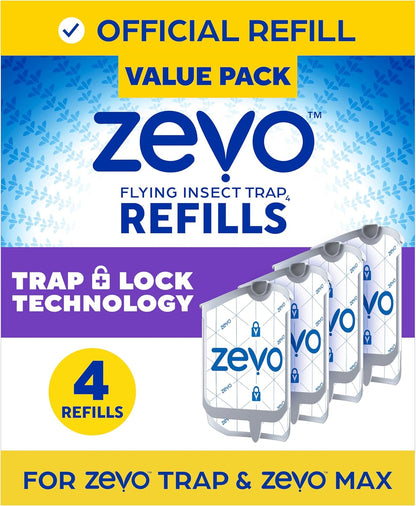 Zevo Flying Insect Trap Refill - for The Zevo MAX & Standard Indoor Fly Trap - Catch Gnats, House & Fruit Flies - Easy to Use - Mess-Free Disposal (4 Refill Cartridges)