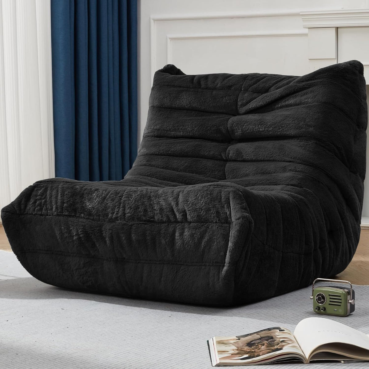 Bean Bag Chairs for Adults Giant Bean Bag Chair Memory Foam BeanBag Chair Bean Bag Sofa with Filler Faux Fur Fireside Beanbags Lazy Sofa for Living Room Bedroom Office (Black Plush, Single)
