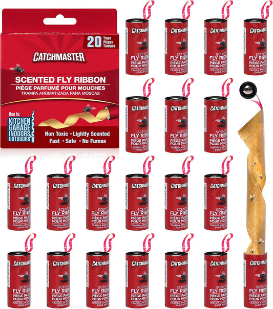 Catchmaster Fly Ribbon 20-Pack, Bug & Fruit Fly Traps Outdoor and Indoor, Premium Adhesive Sticky Strips & Gnat Hanging Strips, Bulk Scented Flying Insect Paper Rolls, Non Toxic Home Pest Control