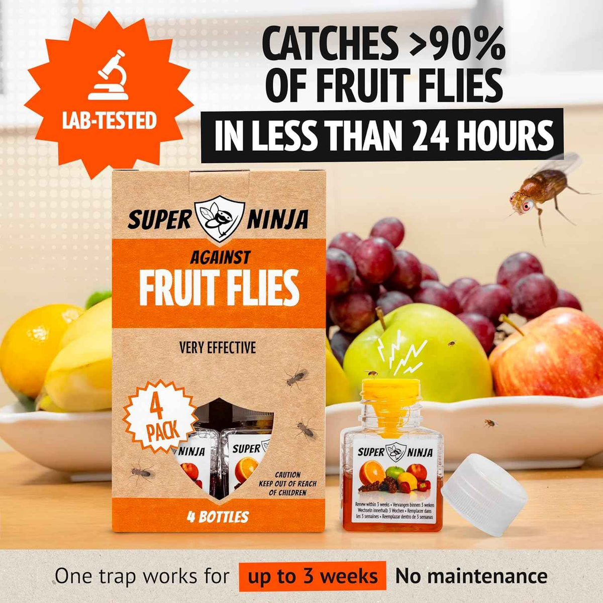 Super Ninja Fruit Fly Traps for Indoors - 4 Pack, Highly Effective Fruit Fly Catcher for Indoor Use for Home & Kitchen, Up to 3 Weeks of Performance per Bottle, Kid & Pet Friendly