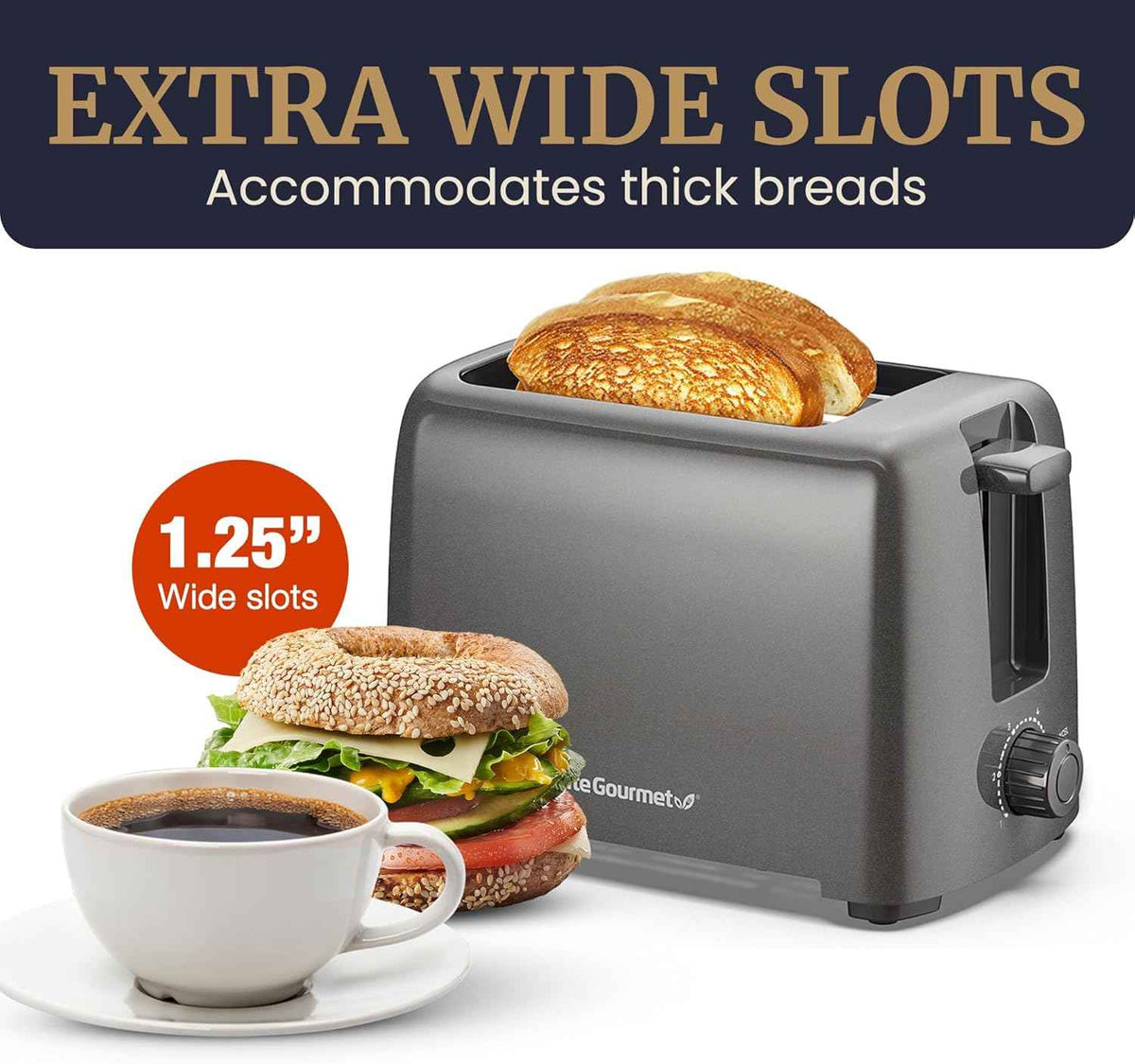 Elite Gourmet ECT1027G Cool-Touch 2 Slice Toaster, 6 Toast Settings & Cancel Function, Extra Wide 1.25” Slots Easily Fits Breads, English Muffins, Bagels & Waffles, Gunmetal Gray