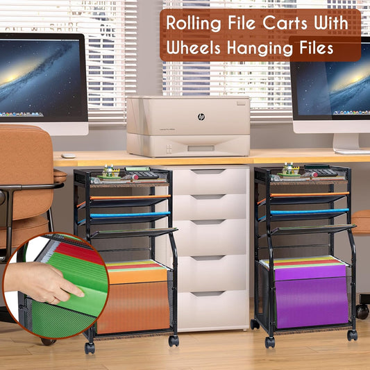 5-Tier Rolling File Cart with Hanging File Folders, Mobile Desk File Organizer on Lockable Wheels, Wood & Mesh Paper Letter Sliding Trays Organization for Office, Home, School, Patent
