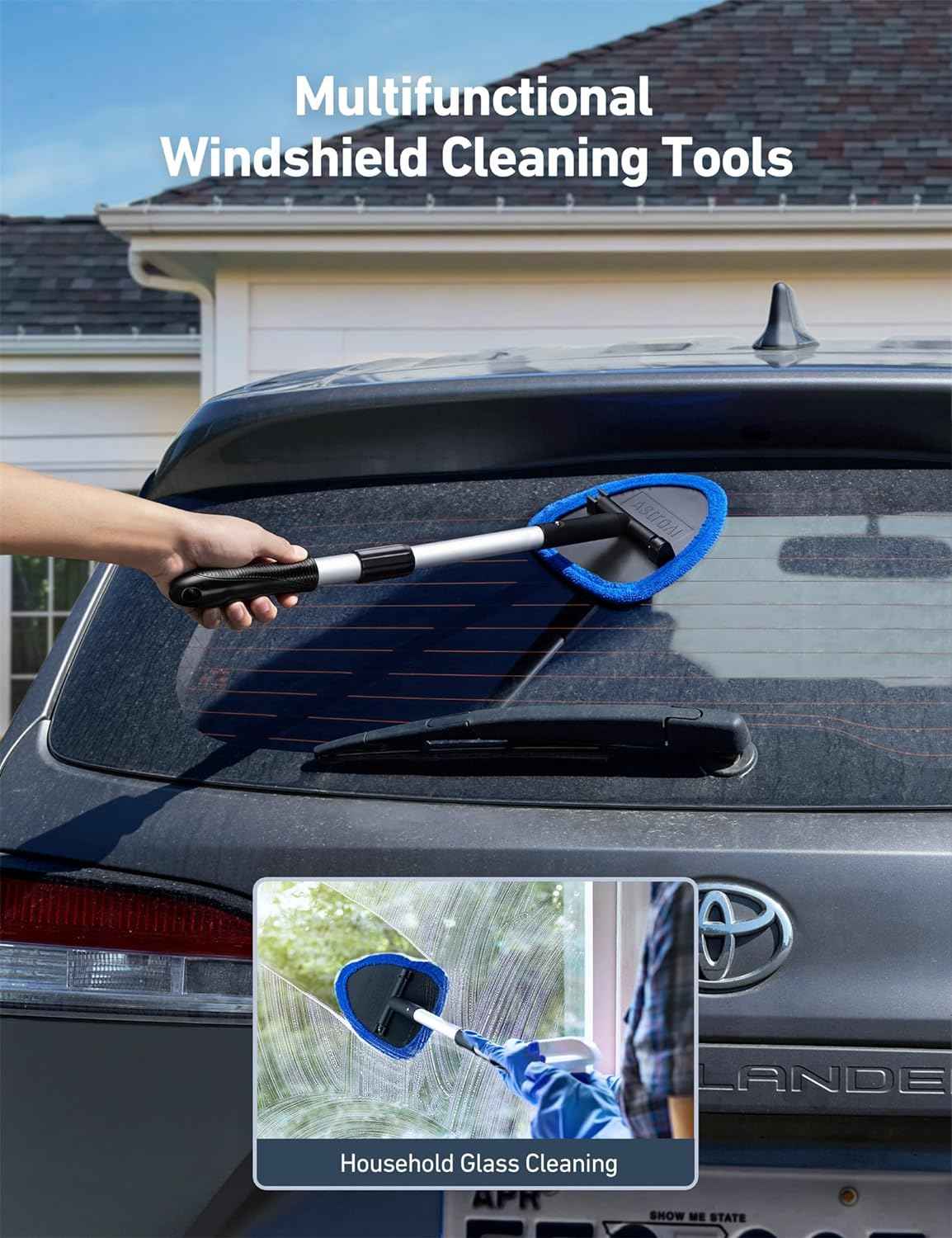 AstroAI Windshield Cleaner Tool, Car Interior Detailing Cleaning Kit with Extendable Handle and 4 Upgraded High-Density Reusable Microfiber Pads, Auto Glass Wiper Brush Kit for Cars, Blue, 15.9in-21in