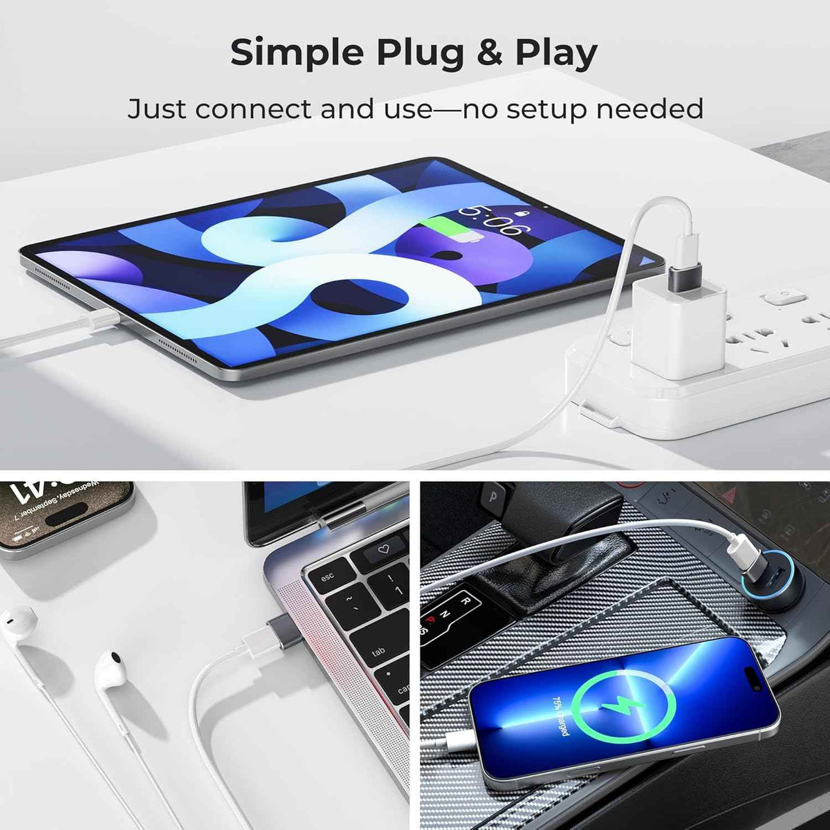 Basesailor USB to USB C Adapter,USBC Female to USB A Male Adapter,Type C Converter Charger for iPhone 17 Pro Max,16 15,Apple Watch iWatch S11 S10 SE,AirPods 3,iPad mini Air,Samsung Galaxy S25,Gray