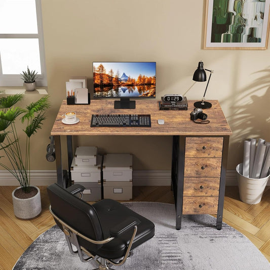 Lufeiya 40 inch Computer Desk with 4 Fabric Drawers, Kids Student Reversible Small Desks for Home Office Small Space, Work PC Desk Table for Bedroom, Rustic Brown