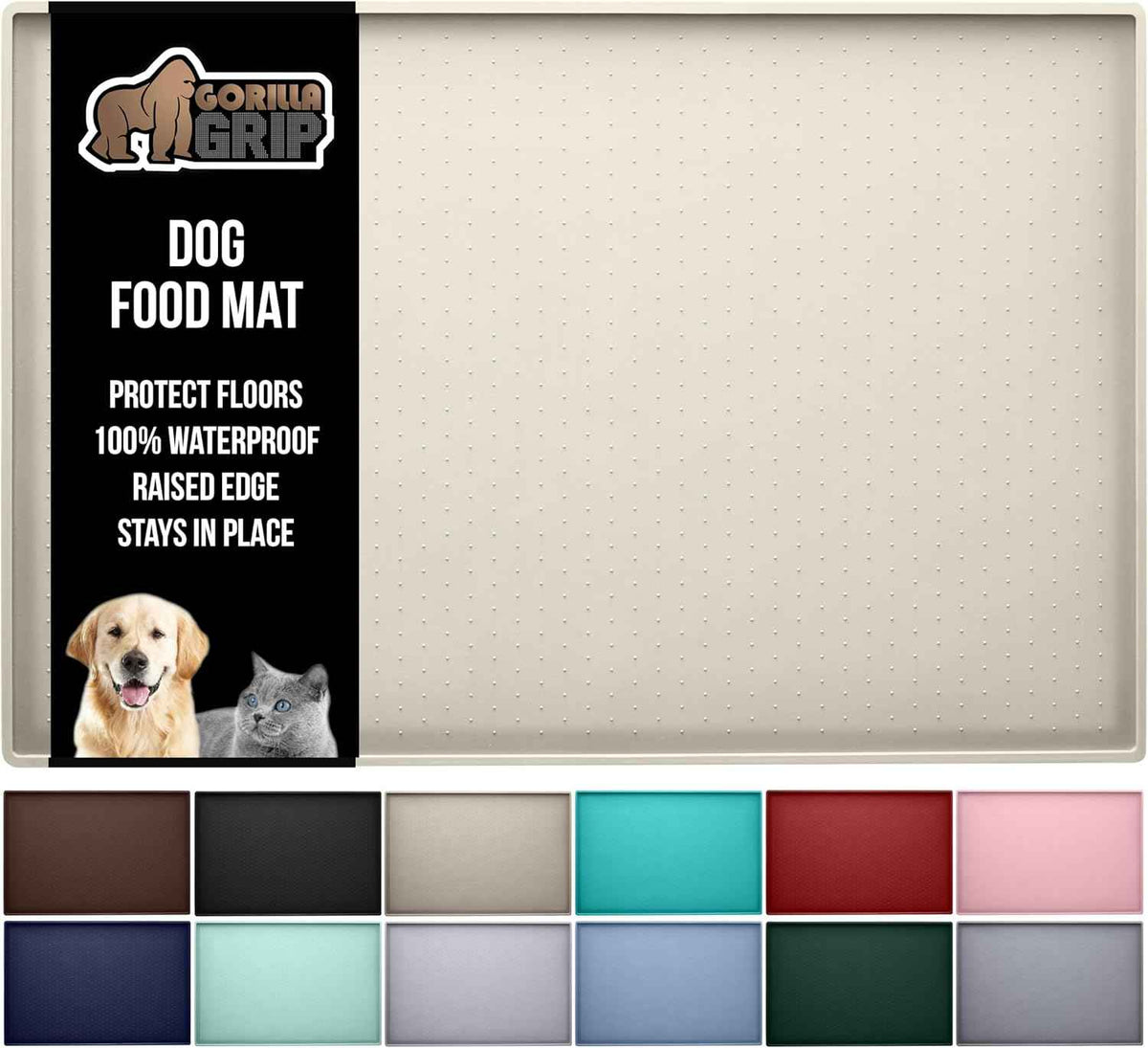GORILLA GRIP 100% Waterproof Raised Edge BPA Free Silicone Pet Feeding Mat, Dog Cat Food Mats Contain Spills Protects Floors, Placemats for Cats and Dogs Water Bowl, Pets Accessories 18.5x11.5 Gray