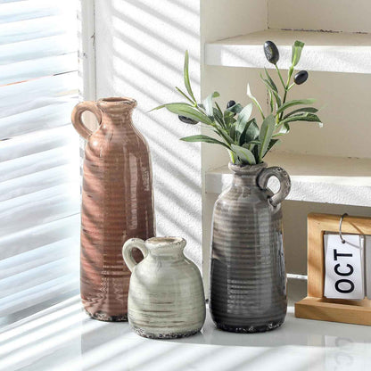 Ceramic Vases Set of 3, Neutral Rustic Farmhouse Vase with Handle, Decorative Flower Vases Home Decor Modern Boho Pampass Vase for Table Mantel Entryway Shelf Living Room Kitchen Bathroom - Brown