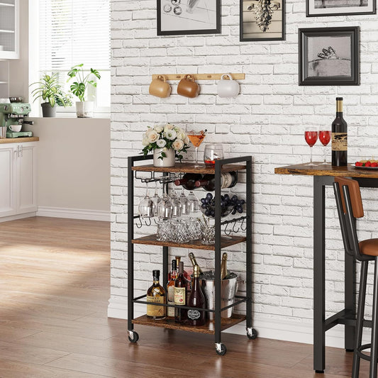 TUTOTAK Bar Cart, Home Bar Serving Cart with 3-Tier Shelf, Drink Cart with Wine Rack, Glass Holder, Rolling bar carts for The Home, Living Room, Brown BC01BB035