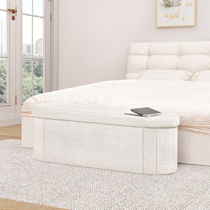 B FSOBEIIALEO Ottoman with Storage for Living Room, Sherpa Folding Storage Ottoman Foot Rest, 43.3 Inches Collapsible Bedroom Bench White
