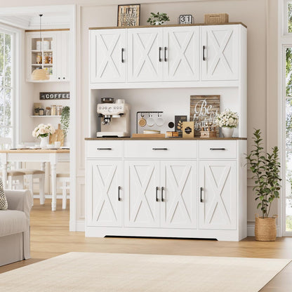 HOSTACK 71" Tall Kitchen Pantry Storage Cabinet with Charging Station, 55" Wide Kitchen Hutch Cabinet with Large Countertop, Farmhouse Food Pantry with Drawers for Living Room, White