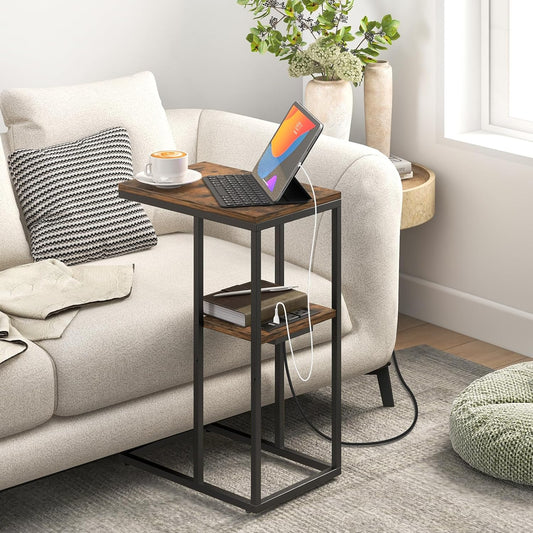 Yoobure C Shaped End Table with Charging Station, Small Side Table for Sofa，26" Tall Tv Tray Couch Table with Storage,Bedside Table with USB Ports and Outlets for Living Room, Bedroom, Rustic Brown