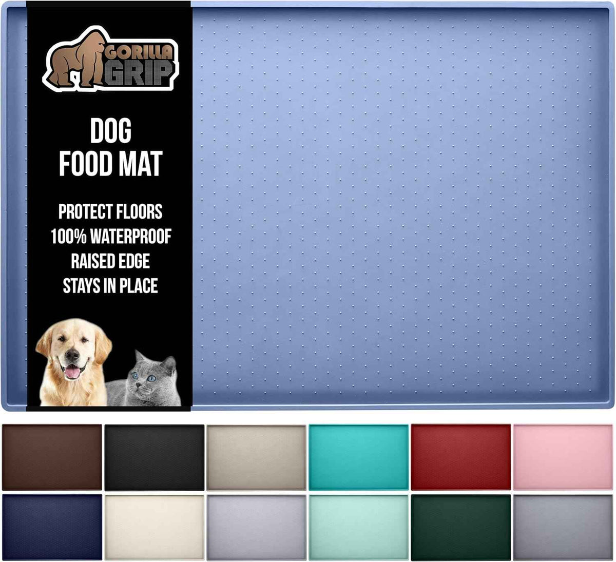 GORILLA GRIP 100% Waterproof Raised Edge BPA Free Silicone Pet Feeding Mat, Dog Cat Food Mats Contain Spills Protects Floors, Placemats for Cats and Dogs Water Bowl, Pets Accessories 18.5x11.5 Gray