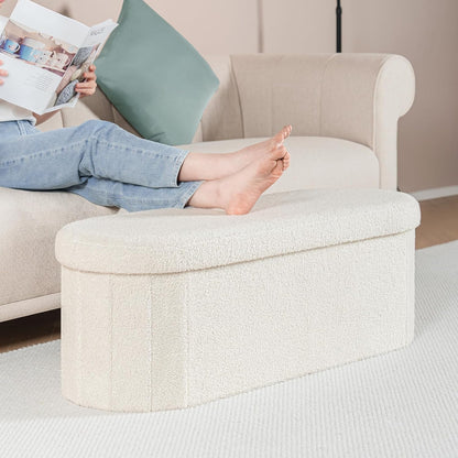 B FSOBEIIALEO Ottoman with Storage for Living Room, Sherpa Folding Storage Ottoman Foot Rest, 43.3 Inches Collapsible Bedroom Bench White