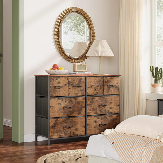 WLIVE Dresser for Bedroom with 8 Drawers, Wide Fabric Dresser for Storage and Organization, Bedroom Dressers, Chest of Drawers for Living Room, Closet, Entryway, Rustic Brown Wood Grain Print