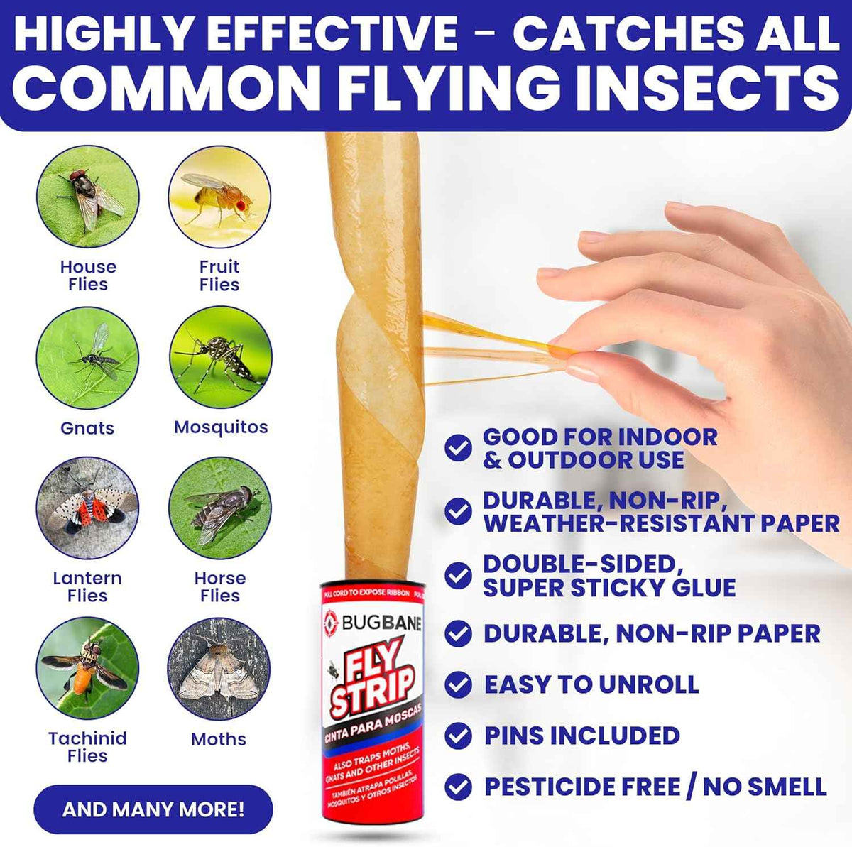 Bugbane Fly Strips Indoor Sticky Hanging 24pk with Pins, Non-Toxic Fly Trap for Home, Flies, Gnat, Fruit Fly, and Housefly.