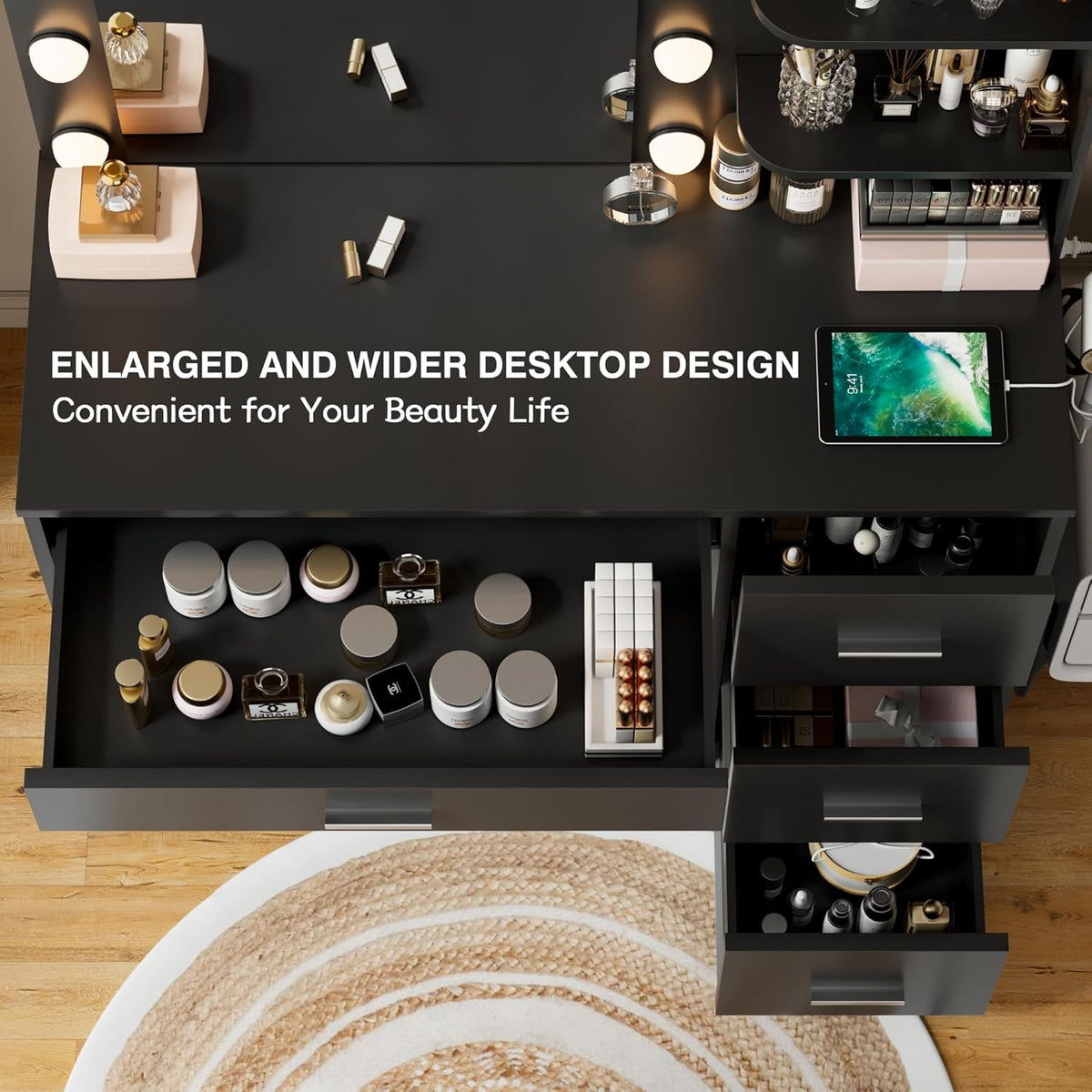 YESHOMY Vanity Desk with Mirror, 10 Lights, Power Outlet and 3 Storage Shelves, Makeup Table with 4 Drawers, 3 Color Modes, for Bedroom, Black