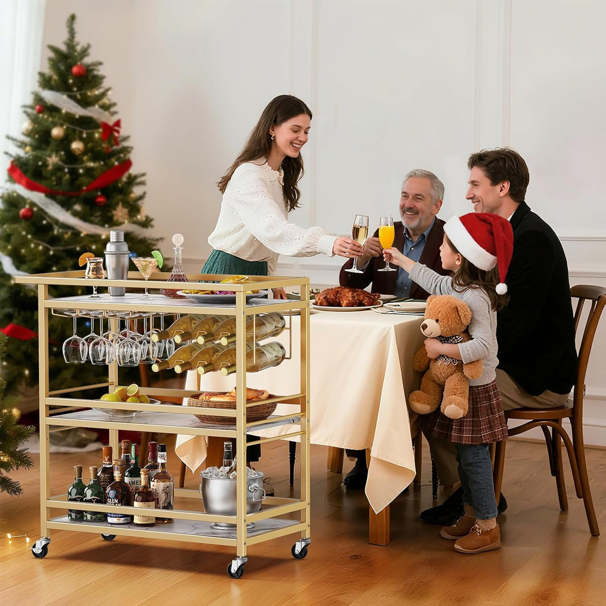 Leteuke Bar Cart for Home, 3 Tier Gold Serving Rolling Carts with Wheels, Drink Cart, Liquor Stand with Marbled Wooden Shelves, Wine Rack and Glass Holder for Kitchen, Dining Room