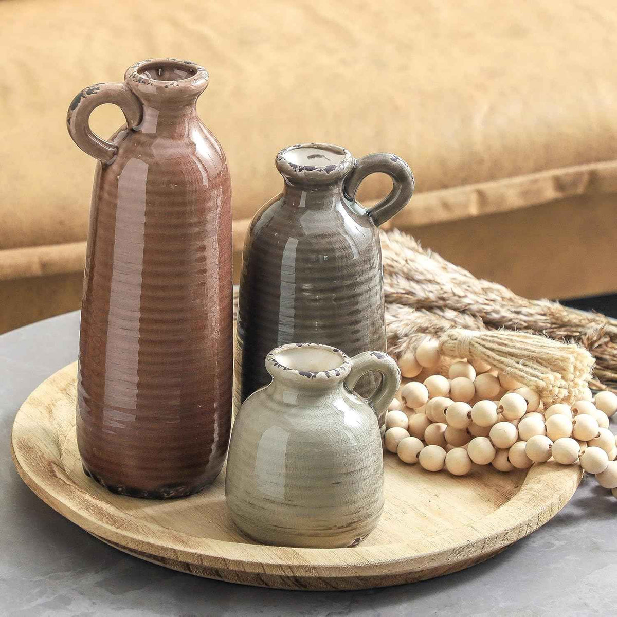 Ceramic Vases Set of 3, Neutral Rustic Farmhouse Vase with Handle, Decorative Flower Vases Home Decor Modern Boho Pampass Vase for Table Mantel Entryway Shelf Living Room Kitchen Bathroom - Brown