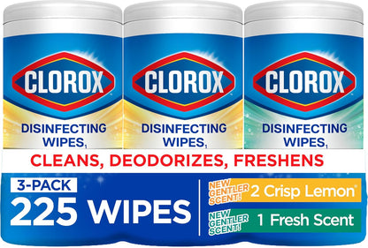 Clorox Disinfecting Cleaning Wipes for Spring Cleaning & Allergy Season, Bleach Free, Fresh Scent and Crisp Lemon, 75 Count Each, Pack of 3