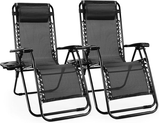 Sweetcrispy Zero Gravity Chairs, Set of 2 Portable Recliner Beach Camping Patio Outdoor Folding Lounge Chair with Cup Holder Trays and Adjustable Pillow for Poolside, Garden, Backyard, Lawn (Black)