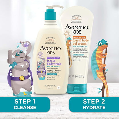 Aveeno Sensitive Skin Face & Body Gel Cream for Kids with Prebiotic Oat, Clinically Proven 24 Hour Hydration for Soft Skin, Quick Drying and Lightweight, Hypoallergenic, 8 oz