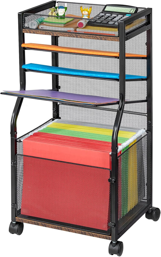 5-Tier Rolling File Cart with Hanging File Folders, Mobile Desk File Organizer on Lockable Wheels, Wood & Mesh Paper Letter Sliding Trays Organization for Office, Home, School, Patent