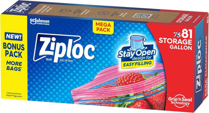 Ziploc Gallon Food Storage Bags, Stay Open Design with Stand-Up Bottom, Easy to Fill, 81 Count