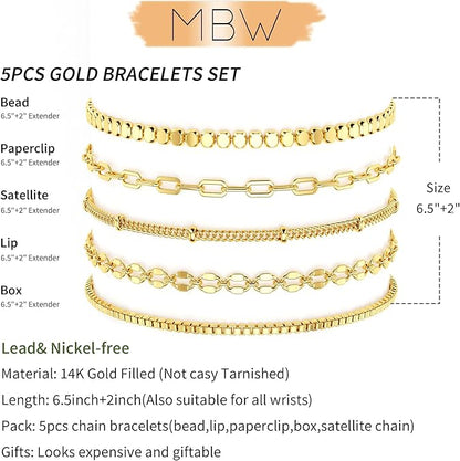 MBW Gold Bracelets for Women Trendy, Dainty 14K Gold Plated Bracelet Stack Beaded Chain Bracelet Set Thin Small Cute Paperclip Bracelets Fashion Waterproof Jewelry Gift Gold Accessories for Women