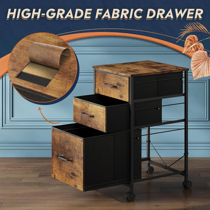 DEVAISE Mobile File Cabinet, Rolling Printer Stand with 3 Drawers, Fabric Vertical Filing Cabinet fits A4 or Letter Size for Home Office, Rustic Brown Wood Grain Print
