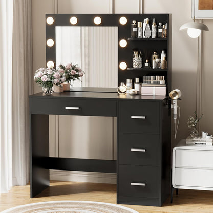 YESHOMY Vanity Desk with Mirror, 10 Lights, Power Outlet and 3 Storage Shelves, Makeup Table with 4 Drawers, 3 Color Modes, for Bedroom, Black