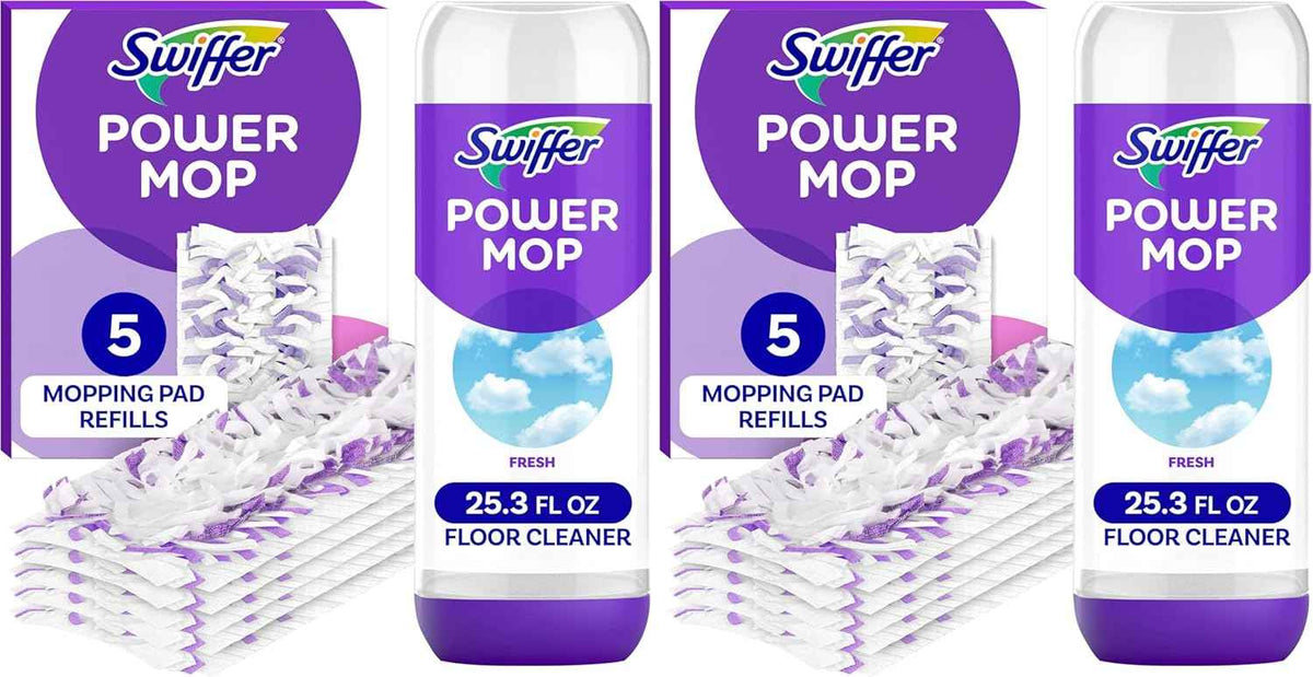 Swiffer Power Mop Refill Pack, Floor Cleaner for Mopping Tile, Vinyl, Laminate, Wood in Home, Bathroom, Kitchen, All Purpose Multi-Surface Cleaning, 5 Pads + 1 Lavender Solution