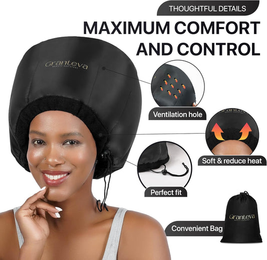 Hooded Hair Dryer Attachment w/A Headband Integrated That Reduces Heat Around Ears & Neck - Hair Dryer Hooded Diffuser Cap for Curly, Speeds Up Drying Time, Deep Conditioning At Home - Portable, Large